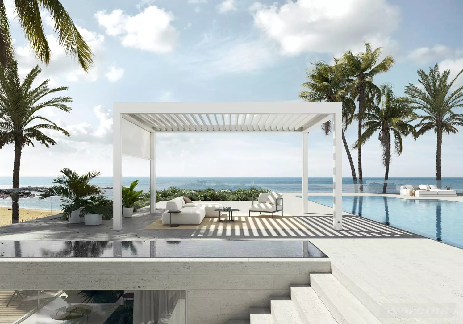 Pergola mit halb heruntergelassenem Seitenelement in Meereskulisse